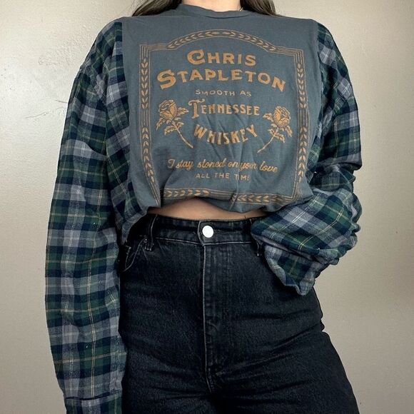 Upcycled Tops - Chris Stapleton Reworked Long Sleeve Music Band Tee Western Flannel Shirt Top